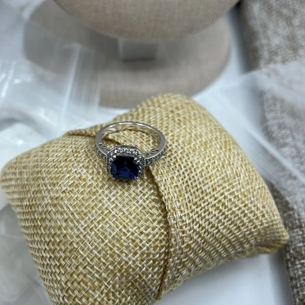 Sterling Silver 925 ๐ Blue Sapphire CZ Halo Ring - Size 7 - Picture 12 of 17